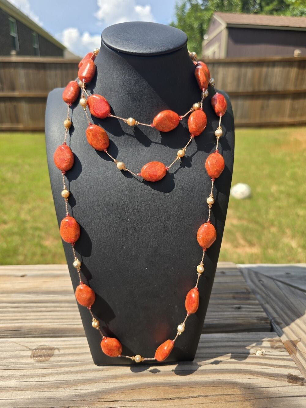 Margo Morrison New York 35" Coral & Freshwater Pearl Station Necklace...